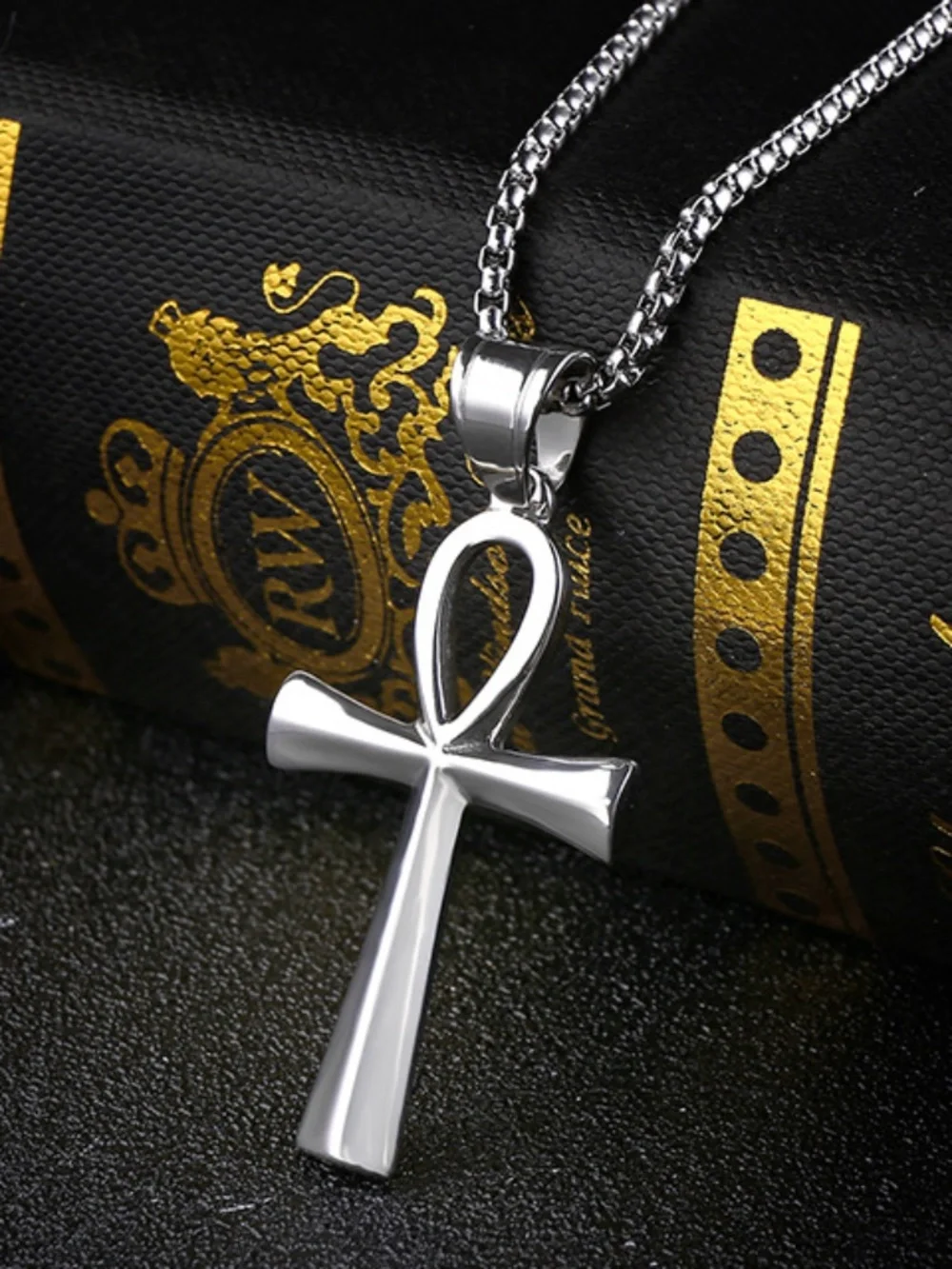 Mens Stainless Steel Silver Ankh Pendant Necklace with Box Chain